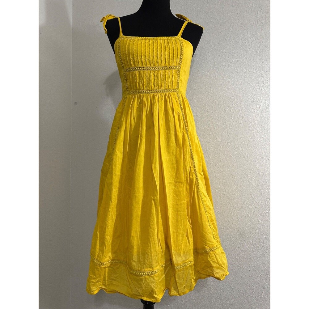 J.Crew Point Sur Yellow Cotton Tie Shoulder Lace Midi Dress Size 2 Pocket